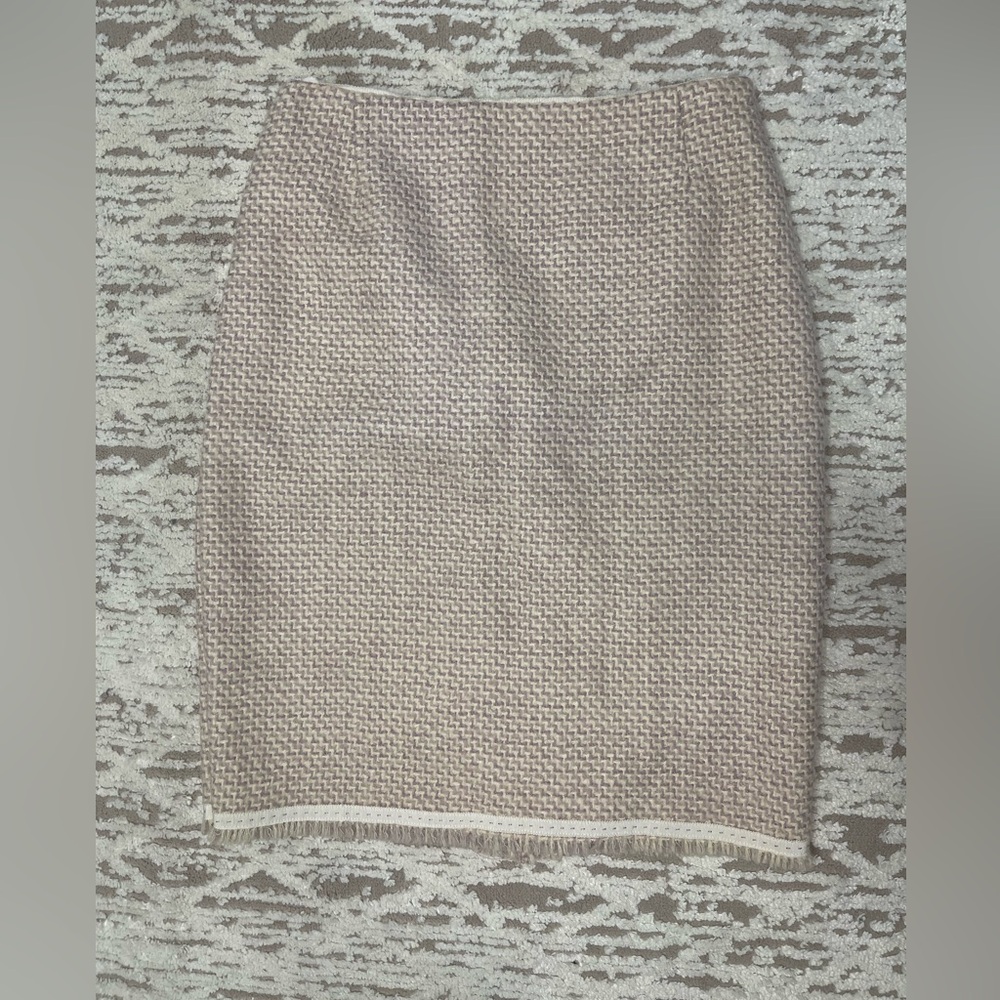 Elie Tahari Cream Purple Tweed Pencil Skirt Fringe Hem